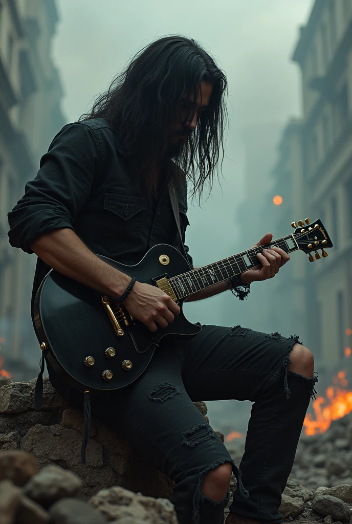 A long-haired man with his face hidden by his hair and WITH black PANTS AND A RIPPED BLACK SHIRT playing a black jackson guitar in a DEVASTATED WORLD with embers on the ground at dusk with a thin cloud of smoke
