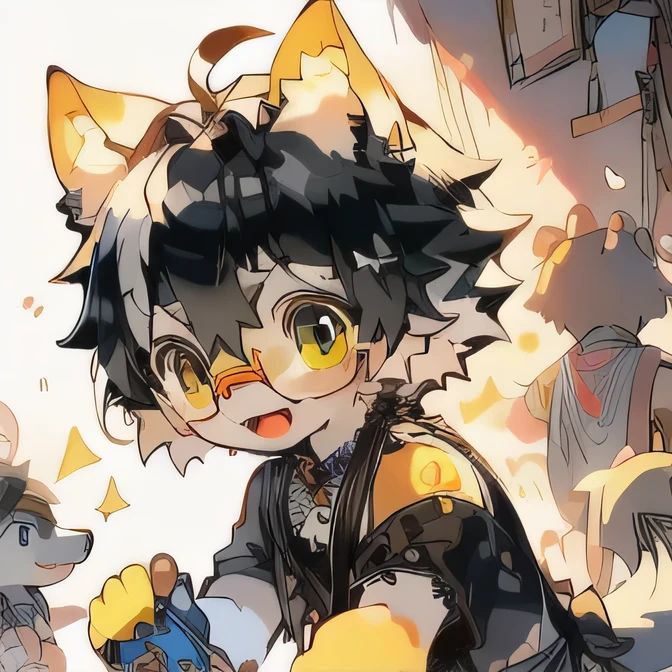 A little wolf,Yellow pupil,black hair,Black and white hair,Wear round-frame glasses,Black shawl,Ancient Greek style,high quality,Shota,Preschool, Q version,cute,Positive appearance,whole body,Active