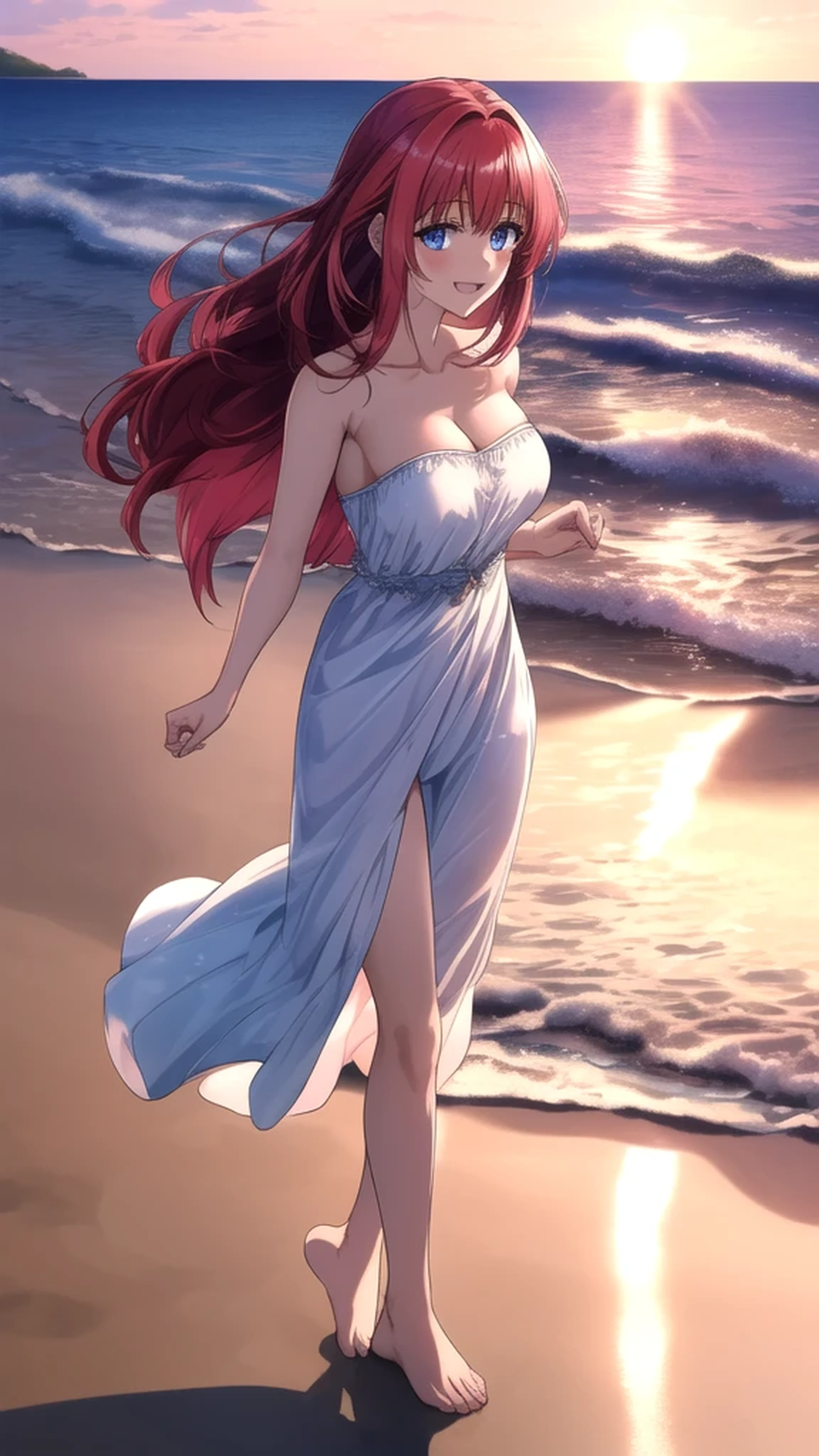 kotorishirakawa, ((masterpiece, best quality, highres, distinct_image)), extremely beautiful and delicate, extremely detailed, intricate detail, 1girl, solo, short stack, huge breasts, red hair, long hair, straight hair, Blue eyes, BREAK pink bandeau bikini, Cute Smile Open your mouth, Are standing, (She walked along the beach in the sunset, her bare feet touching the water, the closest she came to seeing that smile:1.1), barefoot, Two Arms, (cinematic angle:1.1),