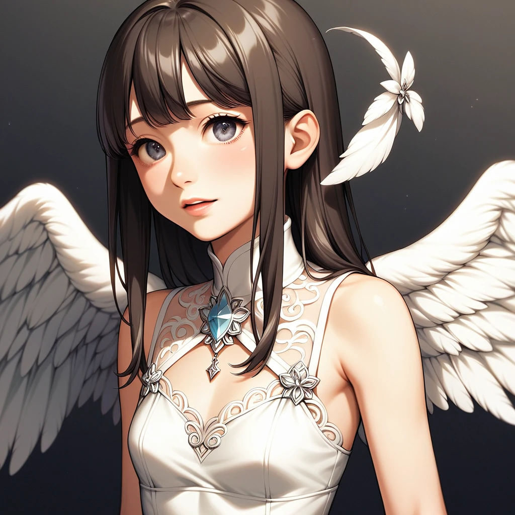 masterpiece, Angel Girl, young，(((Black right wing and white left wing)))，Brunette with wings, White dress with feathers, Close-up portrait, Delicate face, , god々A shiny silver dress、palace