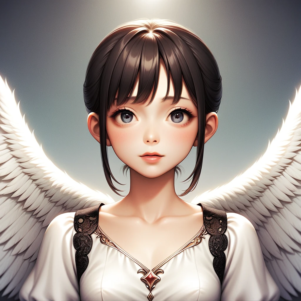 masterpiece, Angel Girl, young，(((Black right wing and white left wing)))，Brunette with wings, White dress with feathers, Close-up portrait, Delicate face, , god々A shiny silver dress、palace