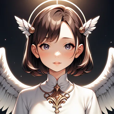 masterpiece, angel girl, young，(((black right wing and white left wing)))，brunette with wings, white dress with feathers, close-...