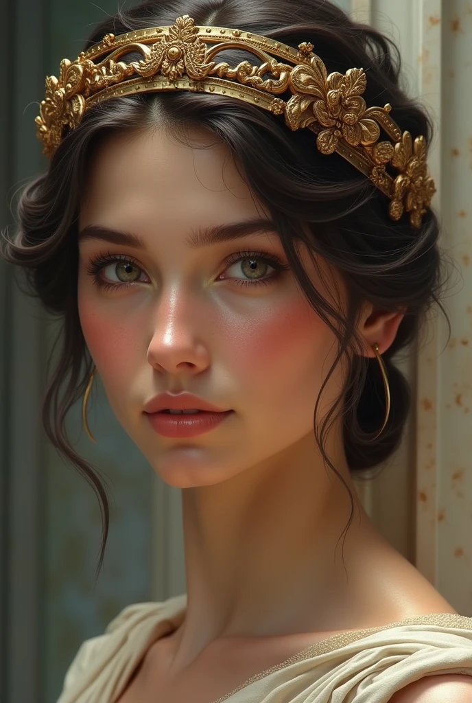 Create me a 3 quarter portrait of a Greek goddess with a Greek crown on her head 

