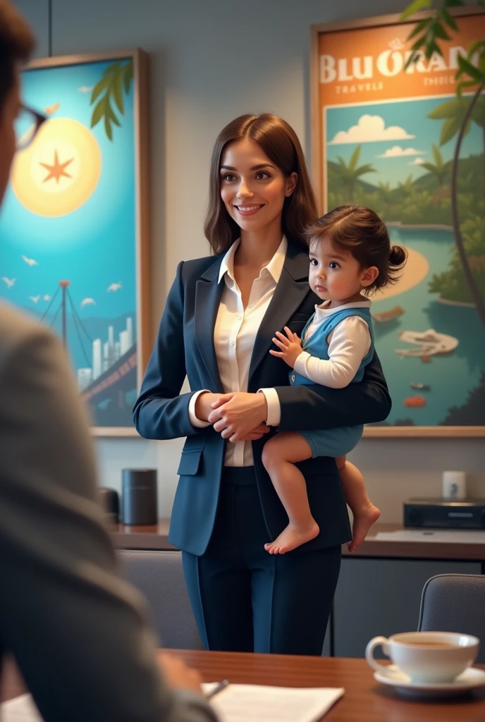 CEO woman with   girl and one employee man setting in the office with background company name '' BLUORANGE TRAVELS'' make sure its ''BLUORANGE'' not a blueorange and traveling posters al over the office in Pakistan 