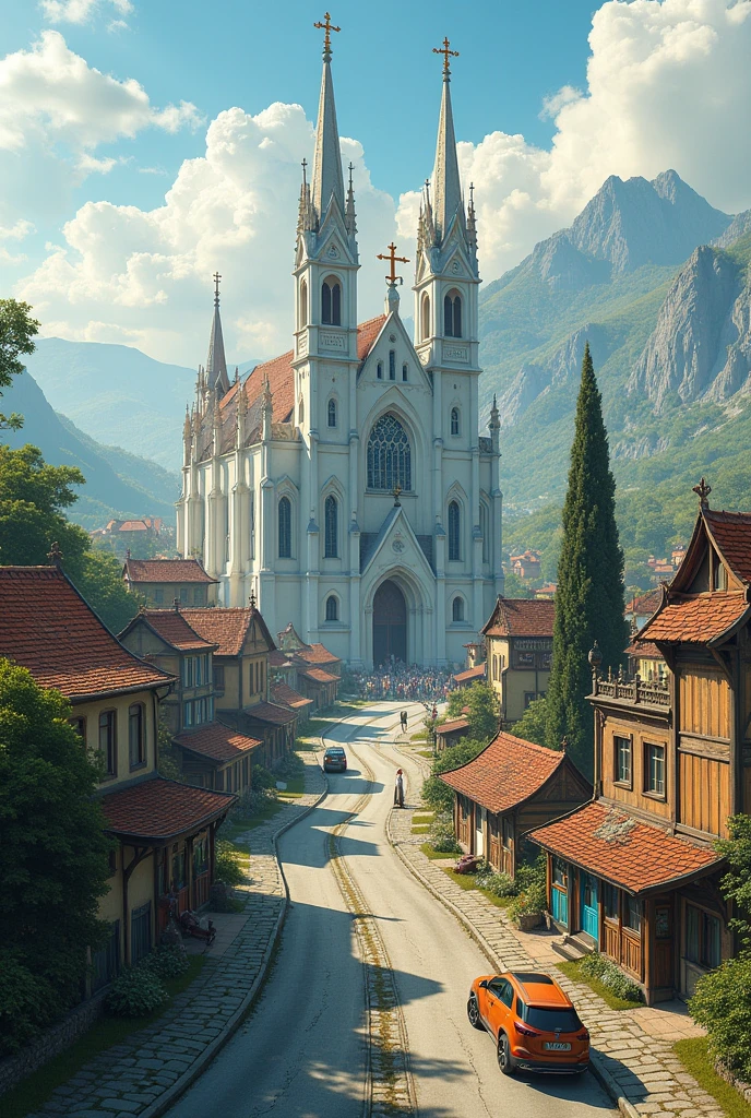 victorian city. with rustic and agrarian style. Green fields and several modern buildings contrast, forming a modern and ancient city as there are roads and cars passing by., it's a 21st century city. A large white Gothic style church with colorful structures and statues.