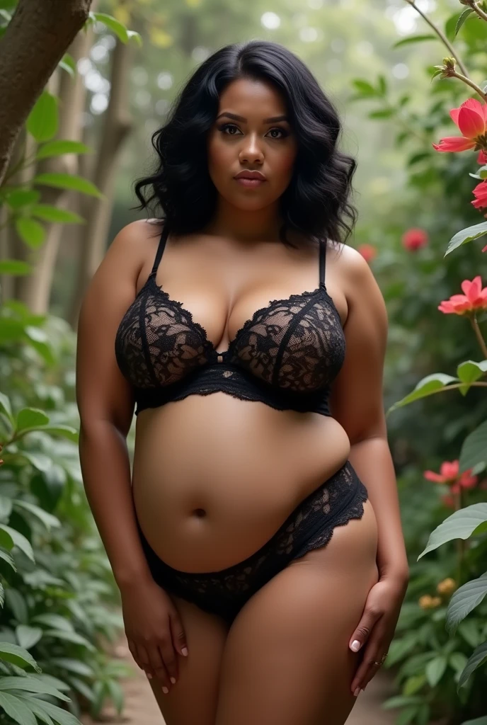 woman, shoulder-length wavy black hair, in lace lingerie, large bust, chubby, slightly dark skin, in the garden, looking at the camera, photorealistic