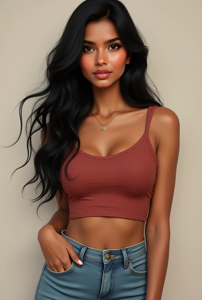 Create an image of a 20-year-old Indian woman with a cute and beautiful face. She has long black hair and is wearing a pair of jeans and a crop top. Please ensure that the depiction respects dignity and portrays the character tastefully."