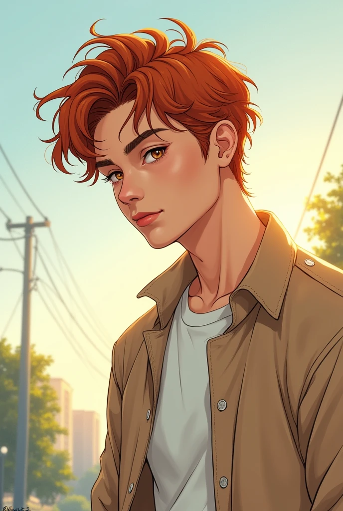 (comic) A young man, sideways. Short straight copper hair with waves. Amber and fine eyes, fine features, beige jacket and white shirt. clear skin, thick lanios. It's in the morning.