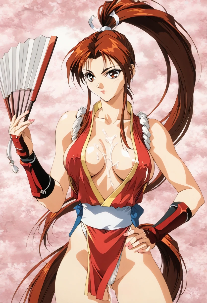 Mai Shiranui,masterpiece, Best Quality, 1 girl,Alone,realist,huge old,nipple slip,hits,bare shoulders,old,Brown hair,Closed mouth, clavicle , nails ,folded fan ,Folding fan,hair ornament, hand fan ,hand up,high Horse tail,tenure ,red japanese clothes,large old,Lips,by the wide,looking at the viewer,,NSFW,top-less,nipple,semen on the body,cum on the cleavage,Ninjas,parted hits,pelvic curtain,Horse tail ,revealing outfit,rope,sleeveless,thighs,