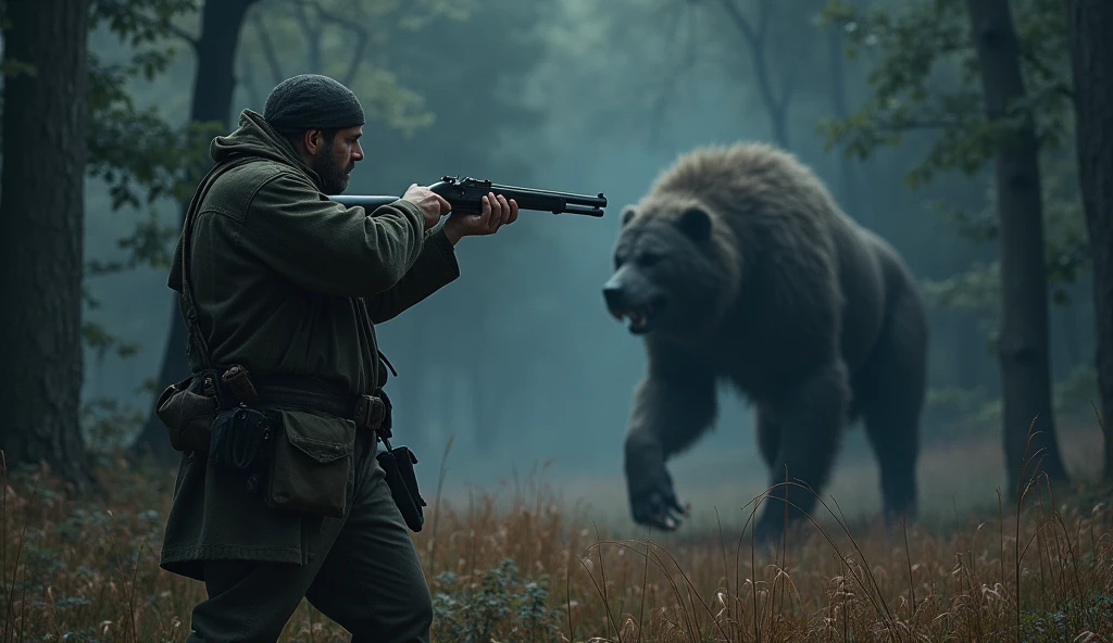 Jean Chastel, a french hunter, is ready to shoot the Beast of Gévaudan with his gun pointed. He is in a clearing in the forest, with the Beast in his sights. On the grass (or common) is visible, creating a metallic shine that contrasts with the dark and gloomy surroundings. The tension is palpable in the scene.