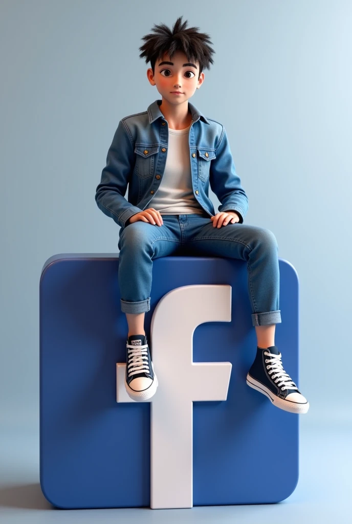 Create a 3D illustration of a realistic person sitting casually on top of a social media logo “Facebook”. The character must wear casual modern clothing such as jeans jackets and sneakers shoes. The background of the image is a social media profile page with the user name “Creative hub” and a profile picture that matches.