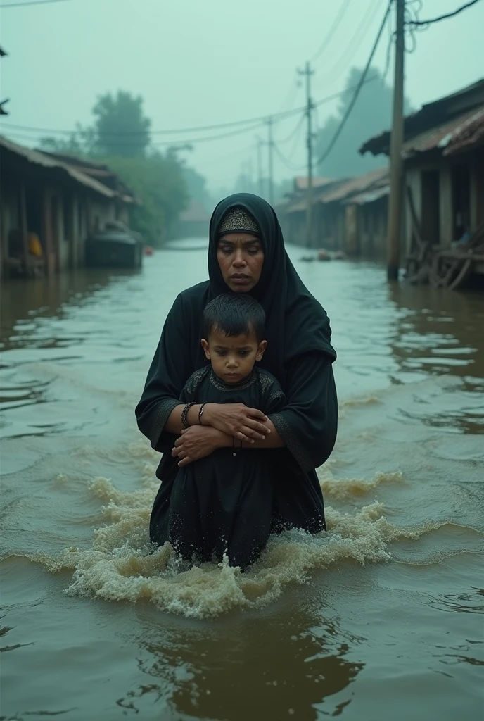 A Muslim Mother and his child.. She is trying to survive in the flood water is drowned all around him in village