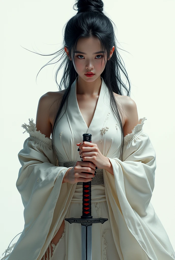 Highest quality, Realistic, Very detailed, finely, High resolution, 8k、Beautiful Japanese Ninja、with double teeth、A face with dimples、Delicate eyes、Facing forward、looking at the camera、White translucent torn clothes、Holding a sword