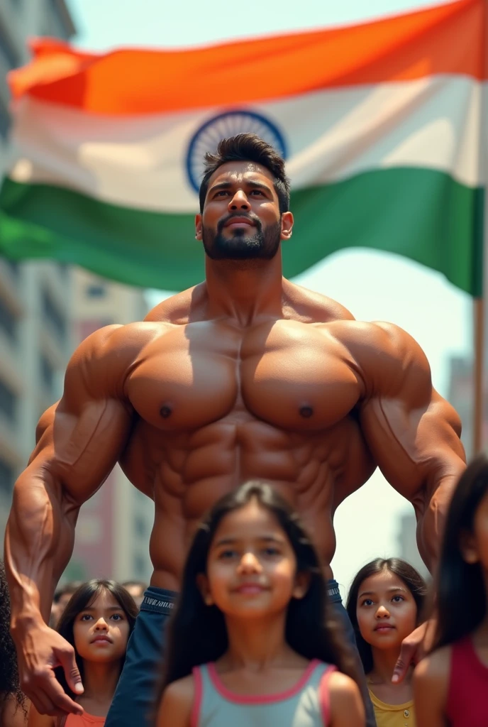 One bodybuilder with Indian flag in front of cute girls