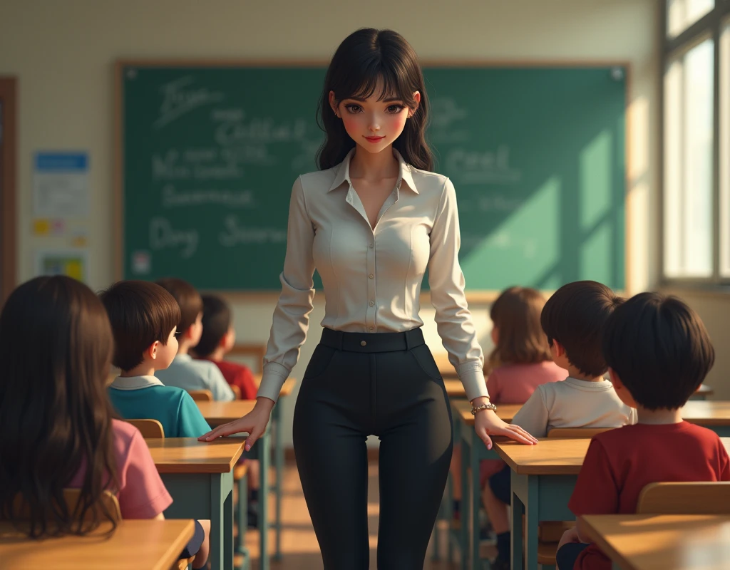 (raw photo, best quality) , (Realistic, photo-realistic: 1.4), extremely formidable general plan, masterpiece, ultra-detailed, high resolution, best illustration, best shadow, complex, depth of field, overall plan, beautiful female schoolteachers who court young children, in a classroom, she smiles and winks, the teacher has a real dog tail on her back, the tail moves, the tail comes out of the back of her pants at the bottom of her back, she fidgets, detailed, 8k style photorealist, DSLR, high quality, (film grain: 1.4), Fujifilm XT3,