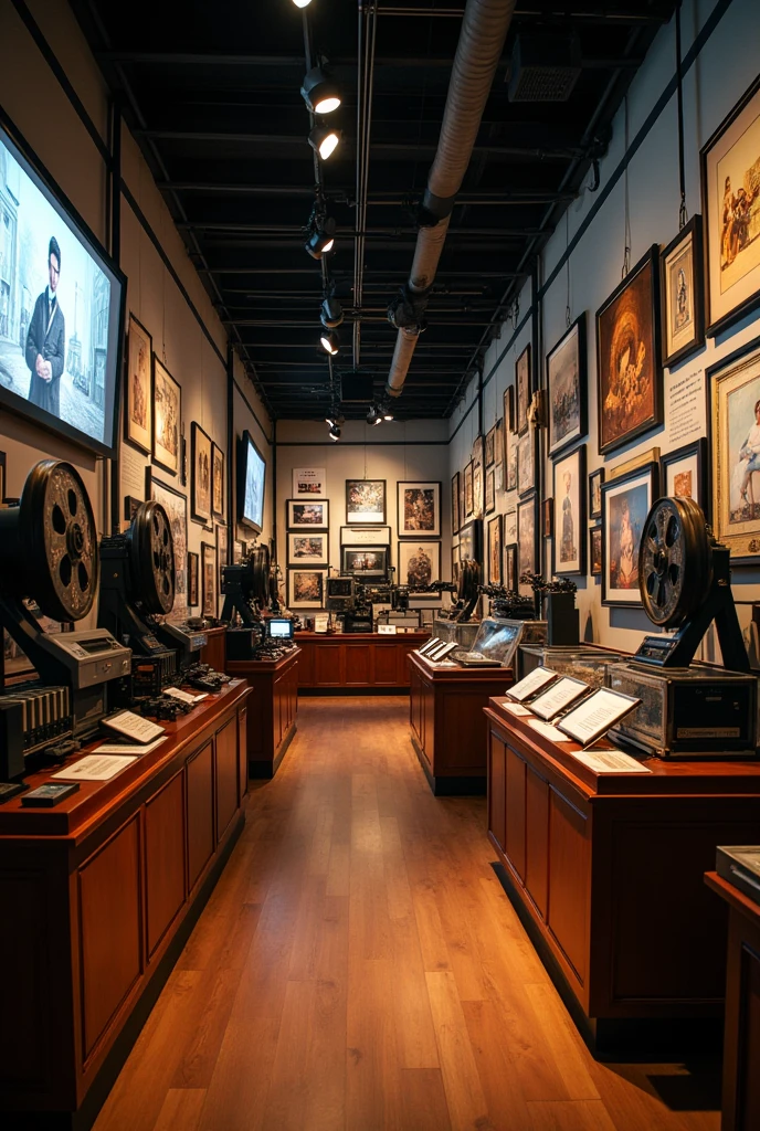 a cinema museum,Inside where there are movie frames and projectors, ribbons, movie costumes, less difficult and without people
