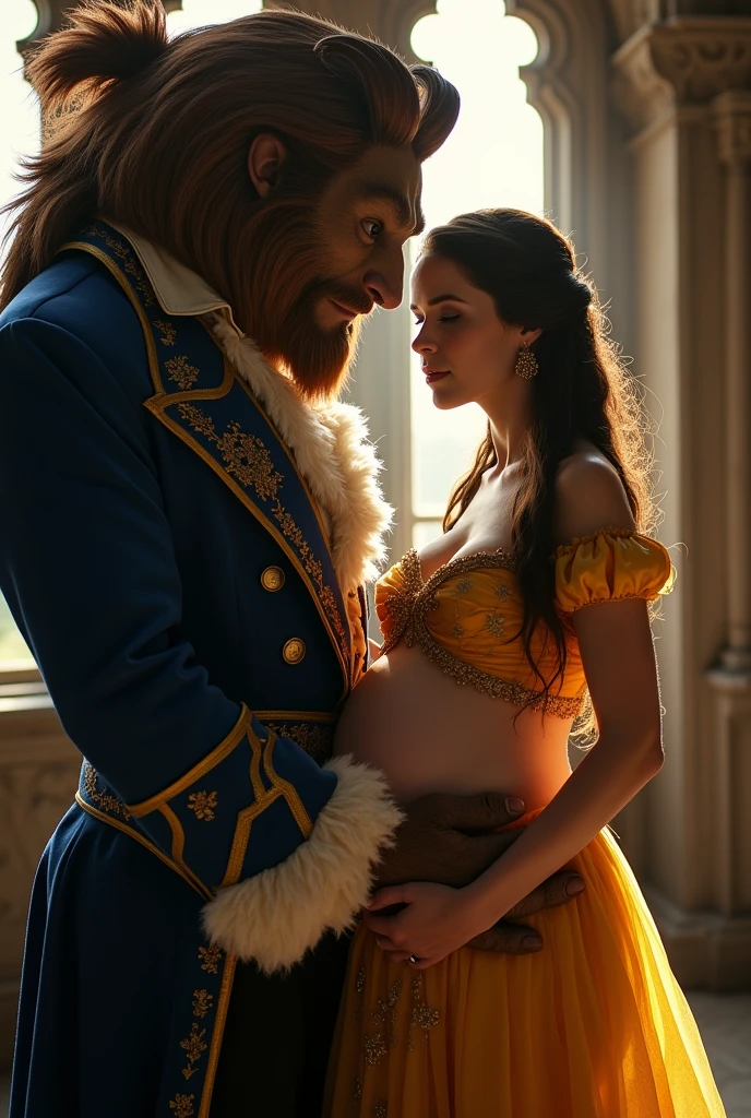 A stunning portrait of Belle from beauty and the beast, The beast is holding her, She is pregnant, holding her belly, location is Gothic Castle, young and beautiful, hyper realistic, real portrait, backlit, exquisite features, cleavage, sexy, seductive, natural light, soft light, nine months pregnant, large belly, embodiment of love, bare belly, mermaid
