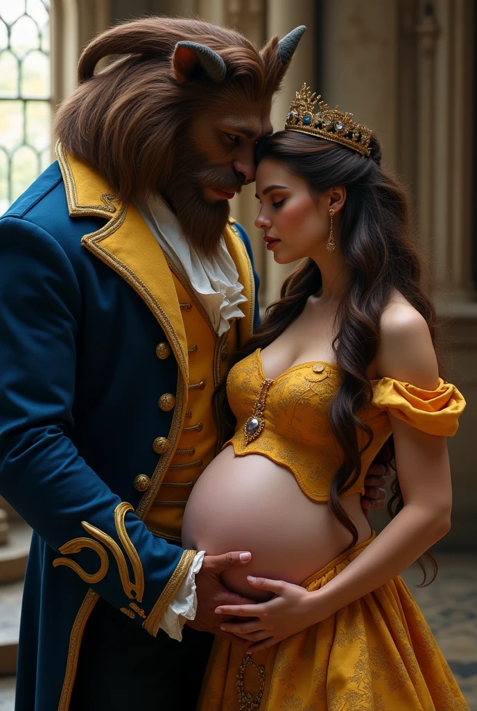 A stunning portrait of Belle from beauty and the beast, The beast is holding her, She is pregnant, holding her belly, location is Gothic Castle, young and beautiful, hyper realistic, real portrait, backlit, exquisite features, cleavage, sexy, seductive, natural light, soft light, nine months pregnant, large belly, embodiment of love, bare belly, mermaid