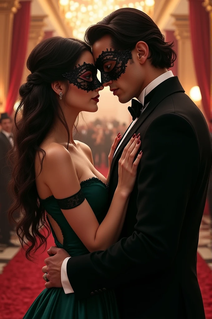 - A couple at a masquerade ball.
- The woman has wine-colored, almost black hair, dark shaped eyes, loose hair with waves.wine nails and wears a dark emerald green dress with a black mask with lace.
- The man is tall, brawny, most marked face, with dark hair, blue eyes and wears a black suit with a wine colored mask.
- The scene must show them full body, looking at yourself, with the man presenting a darker aspect.