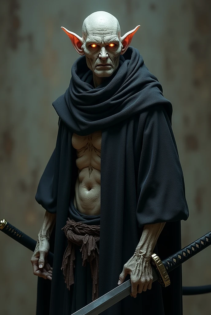 I wish you to create an Elf wizard in a mummified state wearing a black robe.. His pointy ears appear. And he holds a katana. In place of his eyes are two small, discreet, luminous orbs..