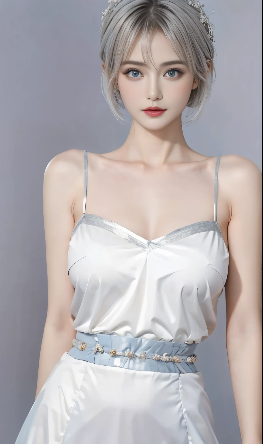 Posing for photos, See-through dress, Open skirt, (Beautiful big breasts:1.4), High waisted and big butt,Extremely short skirt, Wearing a skirt made of beads, Sky blue textured clothes, Sexy(顶级Sexy服装设计,Sexy sea blue underwear1.3), ((Cami White, Silver hair, Bangs, short hair, blue eyes, Antenna hair, Abdominal muscles, )), (Delicate face), Small lips, ((Abaya,)),Black long hair,(Beautiful face,Exquisite details:1.5),(蓬松的blue eyes: 1.21),Wearing a dress made of blue stars,Simple interior light and shadow background