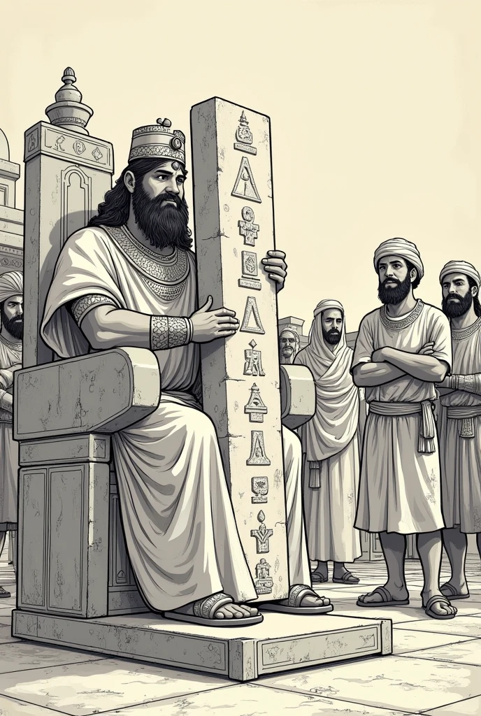 Drawing Instructions:
Materials Needed:
Paper or digital drawing software.
Pencil and eraser (if you are drawing by hand).
Pens or coloring tools (if you want to add colors).
Drawing Steps:
Quadro 1:
Scenario: Draw a throne with ancient details. Place King Hammurabi on the throne.
King Hammurabi: Draw Hammurabi with a crown and traditional Babylonian clothes. He must be holding a large stele.
Wake: Show the stele with inscriptions in the form of lines or symbols representing the laws.
King Speech Bubble: Draw a speech bubble coming out of the king's mouth with the text: “This is my Code of Laws, covering everything from family to commerce!” King’s Thought Bubble: Add a thought bubble above the king's head with the text: “I hope this solves all the city’s problems!” Panel 2:
Scenario: Design an outdoor area, perhaps with some simple buildings and the Code of Hammurabi stele in the background.
Merchant: Draw a merchant in typical period clothing and with a confused expression. He is holding some grains.
farmer: Draw a farmer with simple clothes and a thoughtful look, trying to read the stele.
Balão de Fala do Merchant: Place a speech bubble coming out of the merchant's mouth with the text: "Then, if i understood correctly, if I sell poor quality grains, I have to pay a fine?”
Balão de Pensamento do farmer: Add a thought bubble above the farmer's head with the text: “What if my crop is damaged by a storm, how do i deal with this?”
Balão de Pensamento do Merchant: Include a thought bubble above the merchant's head with the text: “Maybe it’s easier to just follow the old rules and leave no trace!” Cartoon Title:
Location: Write the title of the cartoon at the top or bottom of the drawing.: “The Code of Hammurabi: For Every Problem, One Law… And Many Questions!” Additional Tips:
Facial expressions: Emphasize the expressions f