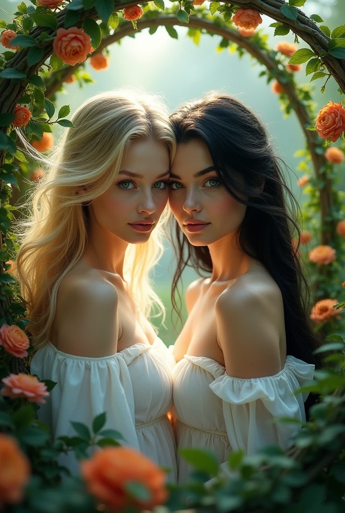 "The image shows two girls sitting together, one blonde with golden hair and blue eyes, and the other with black hair and green eyes. The left part of the blonde's face merges with the right part of the woman's face with black hair, creating a unique and mysterious face. The blonde has a soft and attractive smile, while the black-haired girl has a serious and thoughtful expression.
Both girls are dressed in white, with a dress that covers their arms and legs, and leaves their shoulders and part of their chest exposed. The scene is set in a garden full of colorful flowers and bushes that grow in a spiral shape.
Natural light filters through the bushes, creating mysterious shadows and a romantic atmosphere. The camera captures a snapshot of the moment when the two girls are enjoying a chat, with the blonde talking passionately and the black-haired girl listening attentively.
The fused face of the two girls is the center of attention, with the left side being that of the blonde and the right side being that of the jovial one. The combination of the features of the two girls creates a unique and enigmatic beauty that attracts the viewer's attention. What is happening at the moment that has been captured in this image?"