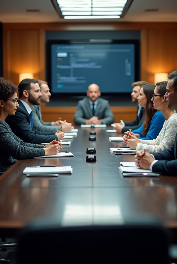 Photo 9:16 image of an office, a boardroom table for 10 people,  On the right side of the table there are 3 men dressed as executives and a lady also dressed as an executive., On the other side a man in a black shirt, followed by a man in a grey sweater, a lady in a blue sweater, a man in a white sweater, en una de las  puntas de la mesa un hombre calvo de camisa blanca y en la otra punta a man in a white sweater


