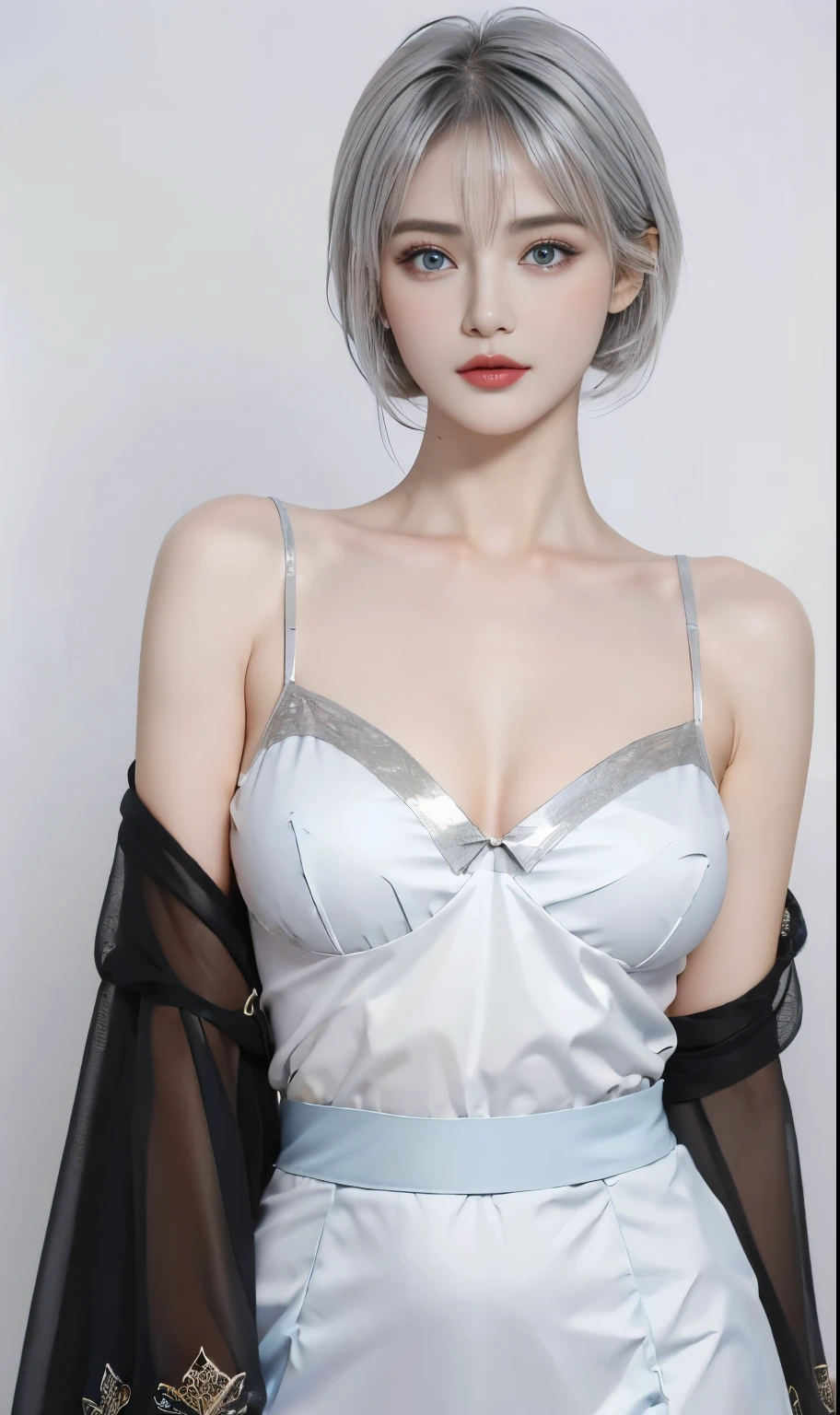 Posing for photos, See-through dress, Open skirt, (Beautiful big breasts:1.4), High waisted and big butt,Extremely short skirt, Wearing a skirt made of beads, Sky blue textured clothes, Sexy(顶级Sexy服装设计,Sexy sea blue underwear1.3), ((Cami White, Silver hair, Bangs, short hair, blue eyes, Antenna hair, Abdominal muscles, )), (Delicate face), Small lips, ((Abaya,)),Black long hair,(Beautiful face,Exquisite details:1.5),(蓬松的blue eyes: 1.21),Wearing a dress made of blue stars,Simple interior light and shadow background