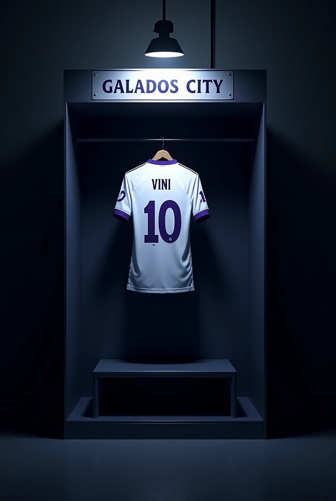 football locker room with a football player&#39;s cabin ( There should be no person in the image) In this cabin there will be a white shirt with purple details (minimalists) on the collar and sleeve the shirt must be showing the back with the name VINI highlighted and the shirt number must be number 10, the cabin at the top must contain the name of the club which is GALADOS CITY, all ambient light must be off, only the light of the sign with the name GALADOS CITY and a low light above the shirt indicating prominence must be on 