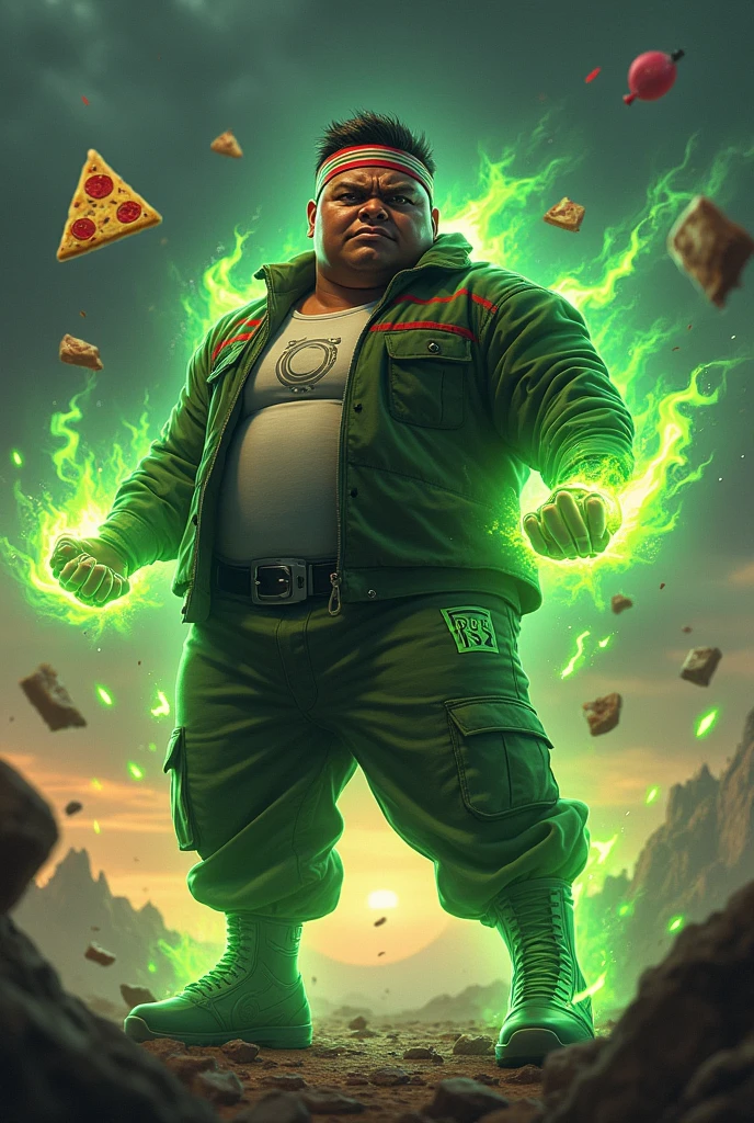 a man real teenage 20 year old bangladesh, nepal (fat body. belly fat chubby body type.) sharp eyes. chubby face. dark skin. man . Anger face. Open mouth. wear headband red whitr. . wearing an (green red stripe jacket) future shirt . anger faces, short hairstyle . Dramatic.. stand on lava ,( camouflauge green)cargo pant,, detailed face, cinematic lighting, dramatic atmosphere,.hot day. vibrant colors, 8k, high quality, photorealistic. Hero suit.. ha,army green logo design on pant . Very strong. Future design dress. Very epic. Very hot background.. dark sky. Very strong . . Flying floating pizza, candy. chocolate bar everywhere..Shadow power from hand Floating small rock everywhere.have a power turn anything to the food. ((glowing yellow ))green two finger on both side. upper tilt shift shoot photograpy.