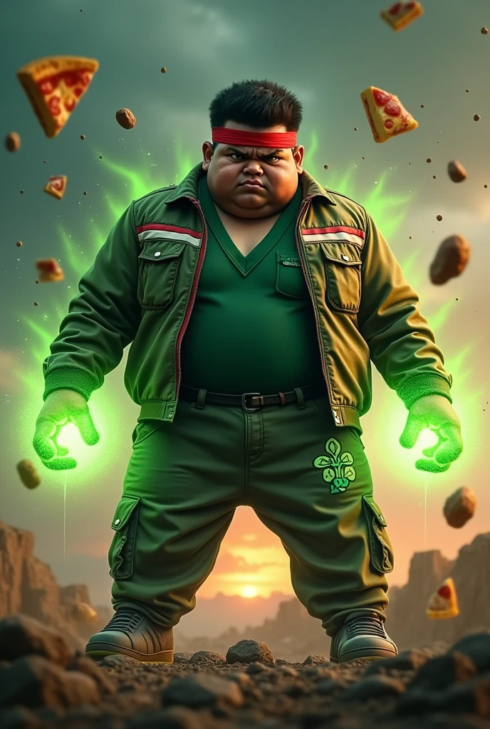 a man real teenage 20 year old bangladesh, nepal (fat body. belly fat chubby body type.) sharp eyes. chubby face. dark skin. man . Anger face. Open mouth. wear headband red whitr. . wearing an (green red stripe jacket) future shirt . anger faces, short hairstyle . Dramatic.. stand on lava ,( camouflauge green)cargo pant,, detailed face, cinematic lighting, dramatic atmosphere,.hot day. vibrant colors, 8k, high quality, photorealistic. Hero suit.. ha,army green logo design on pant . Very strong. Future design dress. Very epic. Very hot background.. dark sky. Very strong . . Flying floating pizza, candy. chocolate bar everywhere..Shadow power from hand Floating small rock everywhere.have a power turn anything to the food. ((glowing yellow ))green two finger on both side. upper tilt shift shoot photograpy.
