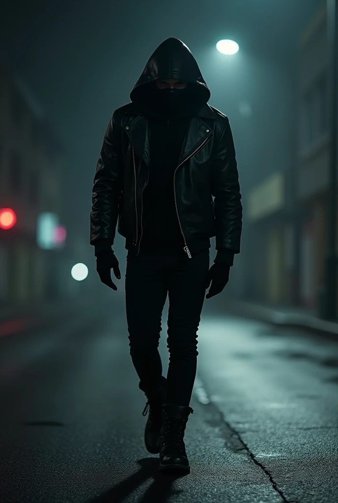 A man wearing a black surgical mask, black leather jacket, black pants, Black boots, walking on the road at night 