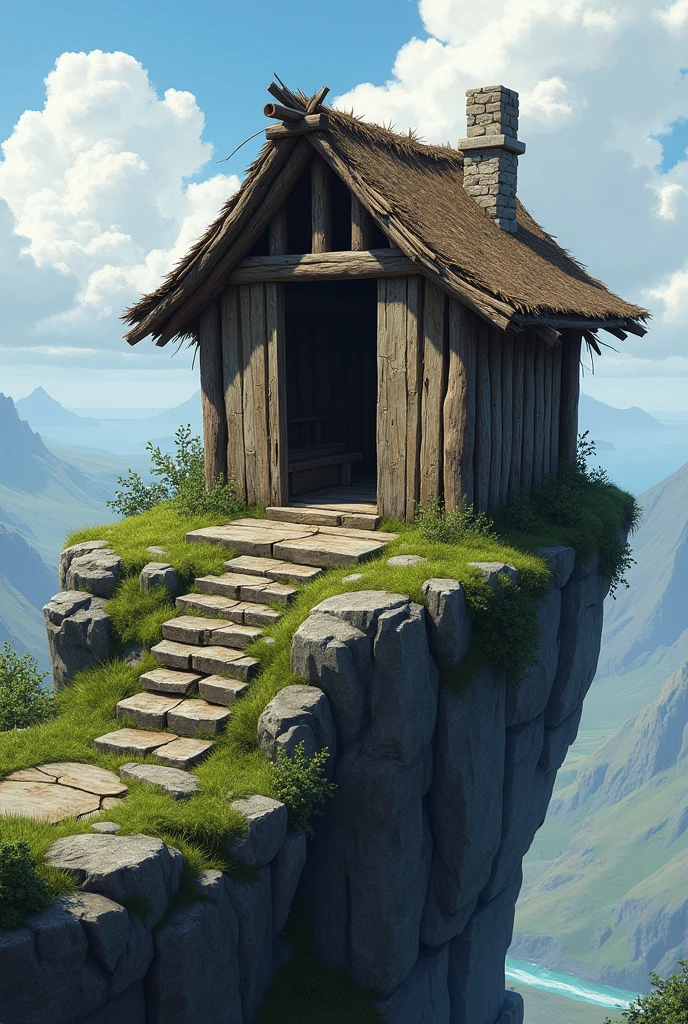 Make a small house, a rickety hut on a high rock and open the door of the house facing the camera