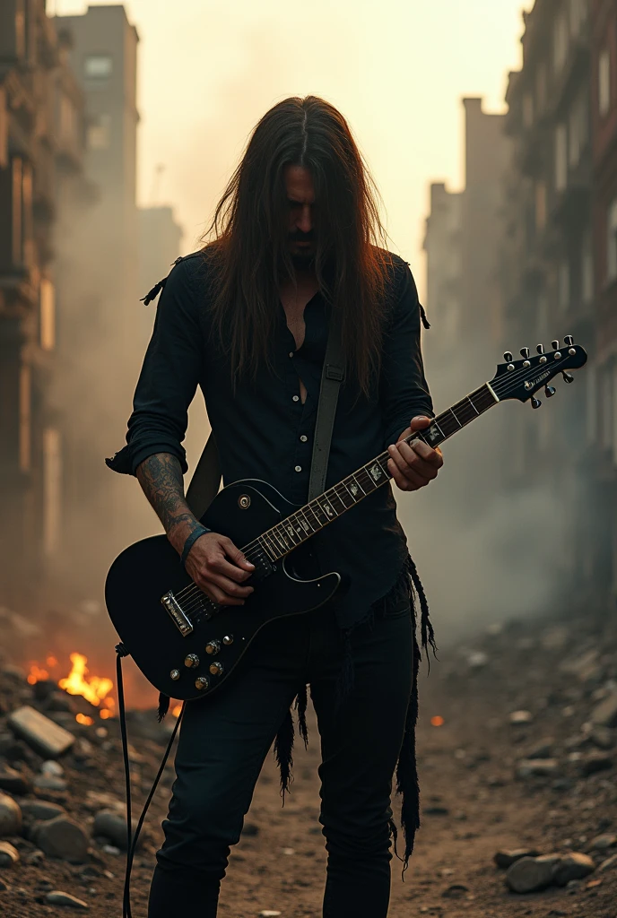 A long haired man with his face hidden by DARK BROWN hair and WITH black PANTS AND A RIPPED BLACK SHIRT playing a black jackson guitar in a DEVASTATED WORLD with embers on the ground at dusk with a thin cloud of smoke