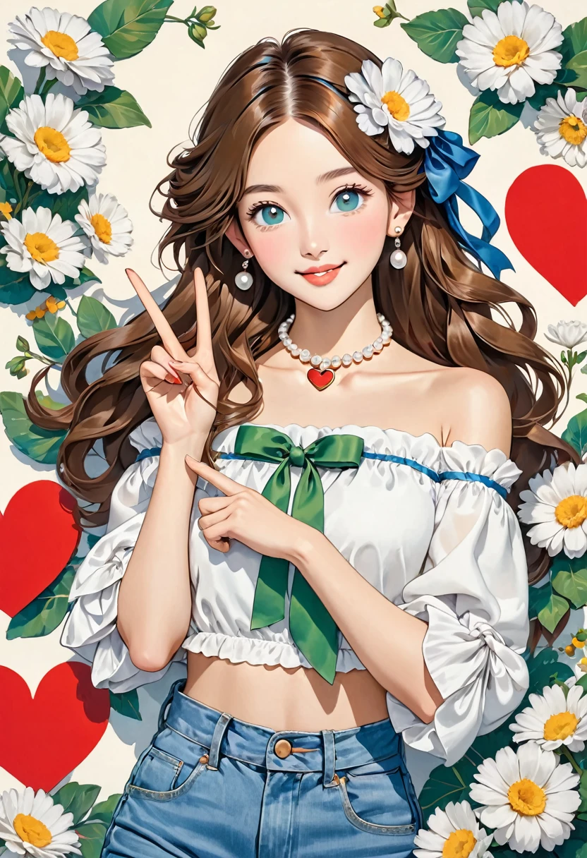 The image depicts a person with long, wavy brown hair adorned with white flowers. They are wearing a white off-the-shoulder top with tied sleeves and blue jeans that feature decorative green ribbons at the waist. The person is making a peace sign with their hand, and there is a small red heart symbol near the hand gesture. Additionally, they are wearing a pearl earring.