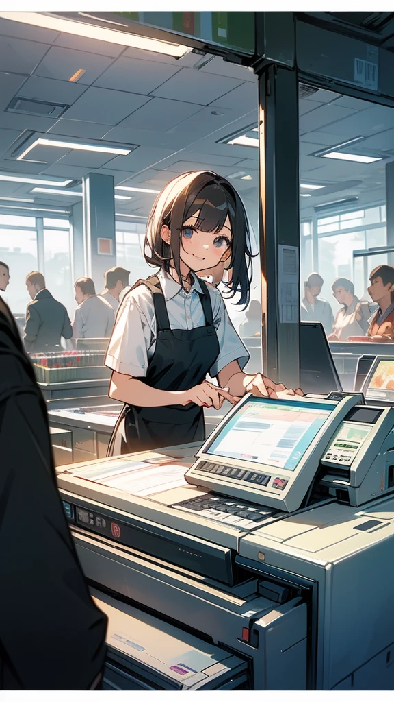 young woman,smile,((Standing inside the cash register)),Touching the cash register machine,Customer Service,((There is a cash register on the table)),(Scanning product barcodes at the cash register)),Each person has one register,Supermarket clerk,Wearing an apron,uniform,((Working as a cashier)),((There are multiple cashiers.)),((cashier,register,)),((Receive money from customers)),There are products on the shelves,In the supermarket,Bright interior,grocery store,There are customers.