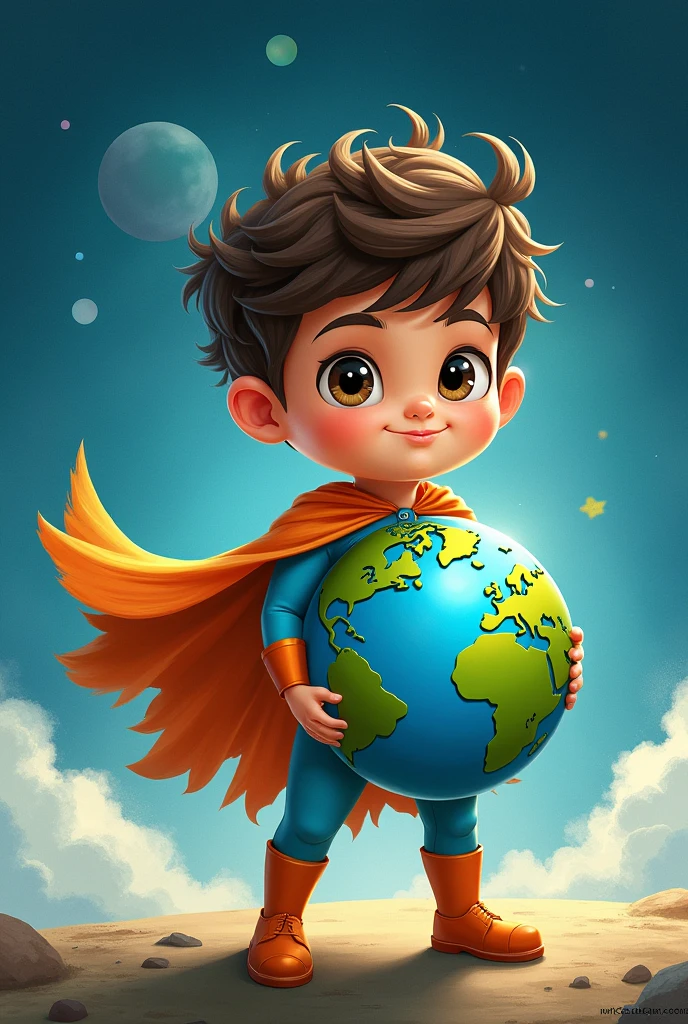 Create a cartoon image of a superhero child taking care of planet Earth 