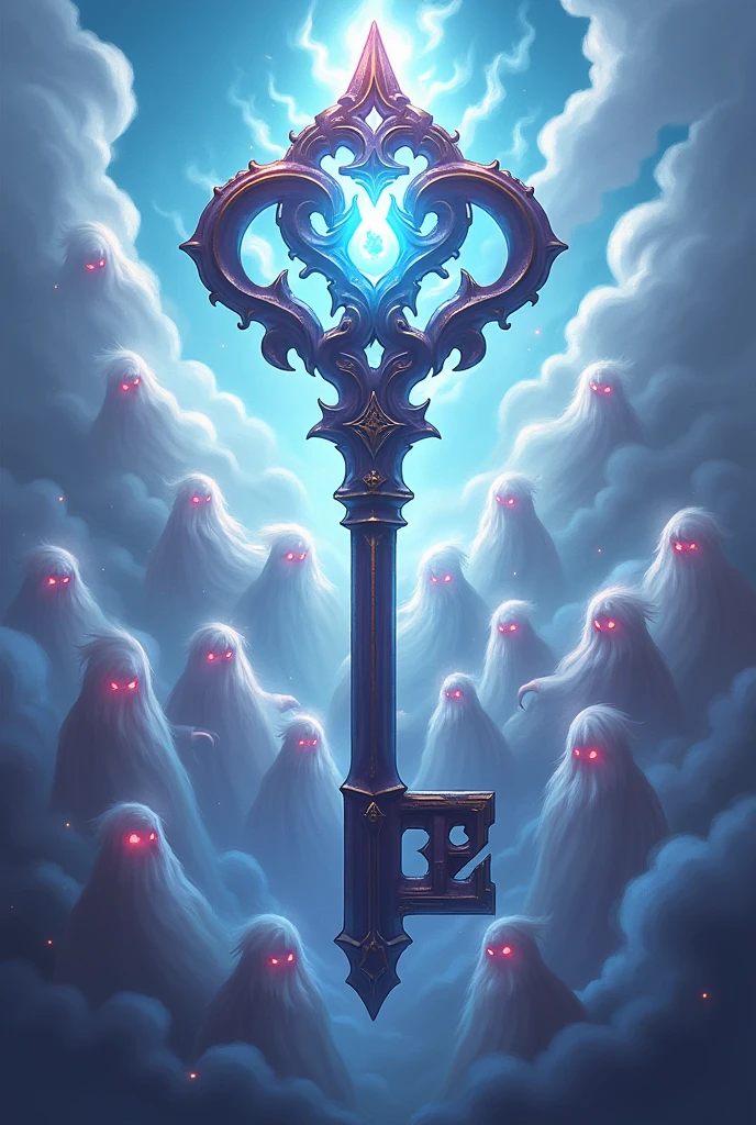 A second key, with few clouds covering it, spirit figures with red eyes are celebrating