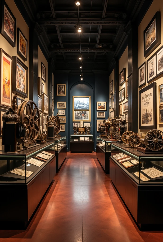 a cinema museum,Inside where there are movie frames and projectors, ribbons, movie costumes,and without people