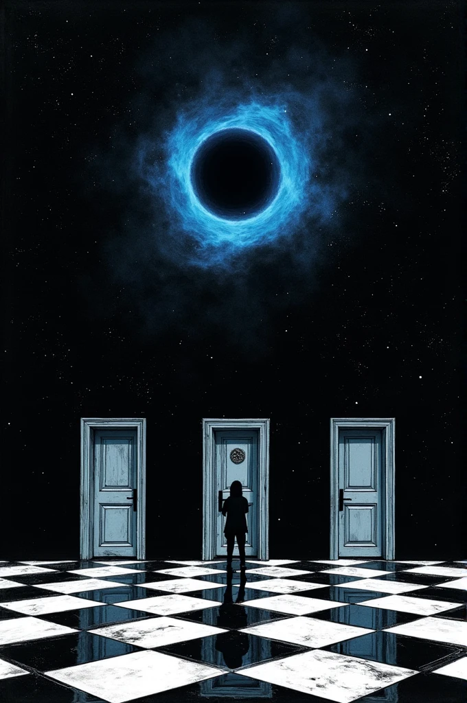 Black and white checkered floor Starry sky with blue black hole Three doors Person between the three doors