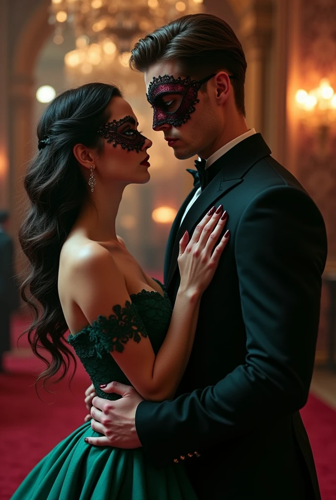- A couple at a masquerade ball.
- A mulher tem cabelo vinho quasami preto, dark shaped eyes, loose hair with waves.wine nails and wears a dark emerald green dress with a black mask with lace.
- The man is tall, brawny, most marked face, with dark hair, blue eyes and wears a black suit with a wine colored mask.
- The scene must show them full body, sami, in a beautiful exchange of glances, gazing, com o homem apresamintando um aspecto mais sombrio.
Um casal de Dark romance