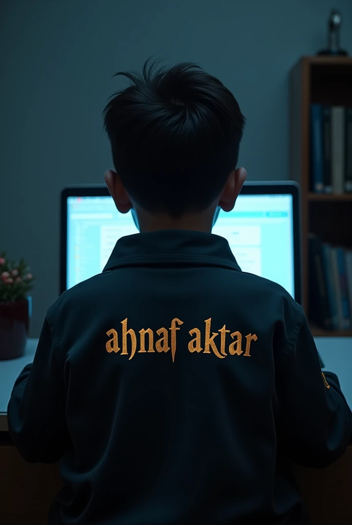 Create imagine of a 14-year-old boy working on a laptop, viewed from behind, wearing a jacket with the text  Ahnaf Aktar written in a style inspired by the Harry Potter font. The environment is dark, with a clean room and books on a shelf.the picture should be from the back the text should be from back.the photo will be shtaright from back.