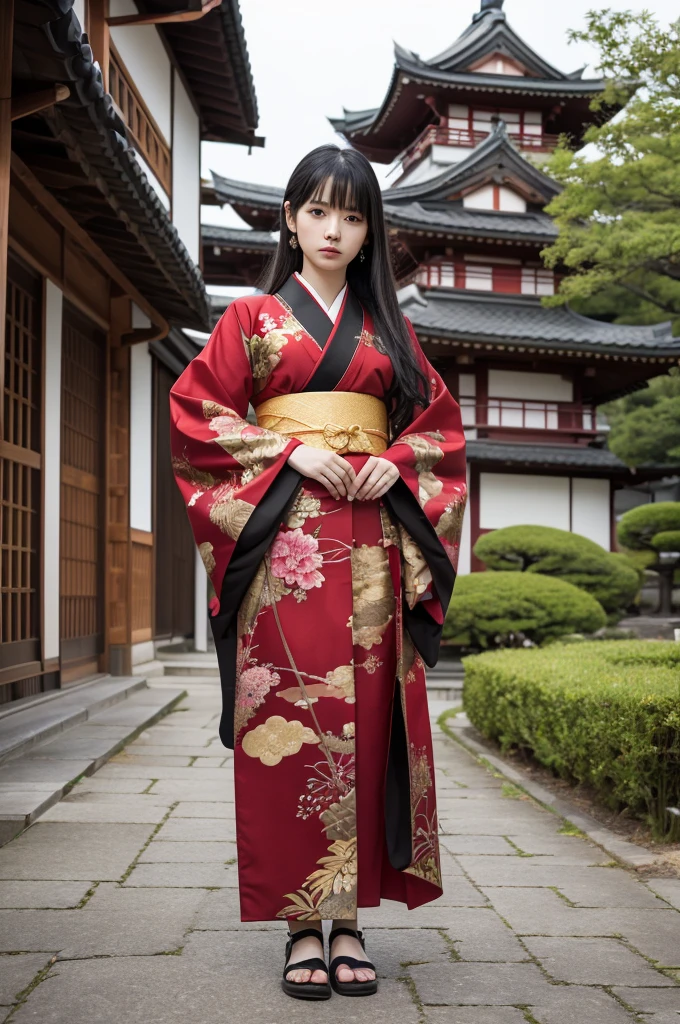 Ultra-high resolution,((masterpiece))),(((Highest quality))),((Very detailed)),((Very delicate and beautiful)), beautiful 20 year old japanese,One person,alone,One kneeを立てる,Long black hair, No bangs,knife,長いknifeを握っている,One knee,Long Hair,black eye,View your viewers,Traditional Japanese Clothing,Red, black and gold kimono, (Serious expression:1.3),(whole body:1.2),The background is a Japanese castle, SakuraFubuki,Outdoor:1.5