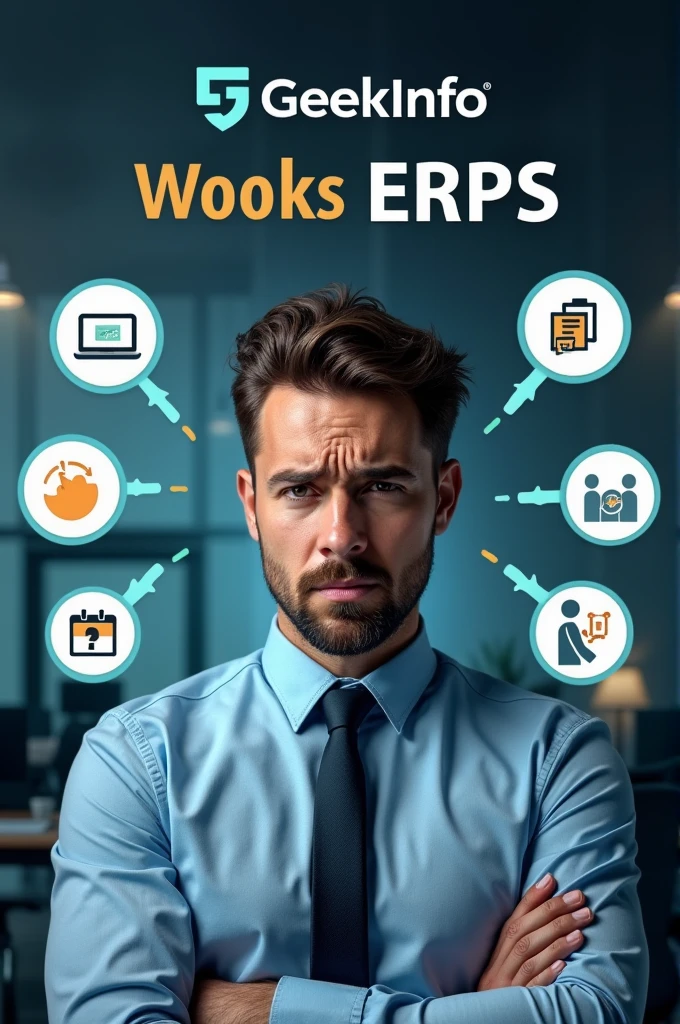 "Create a poster for an ERP software development company. The content should read: 'Geek Info ERP - The Solution for All Business Pains.' Highlight the following business challenges: 'Are your tasks manual and time-consuming? Not making enough income? Too much workload? Struggling to increase revenue? Difficulty accessing information?' Include an image of a man who looks visibly worried about these problems."