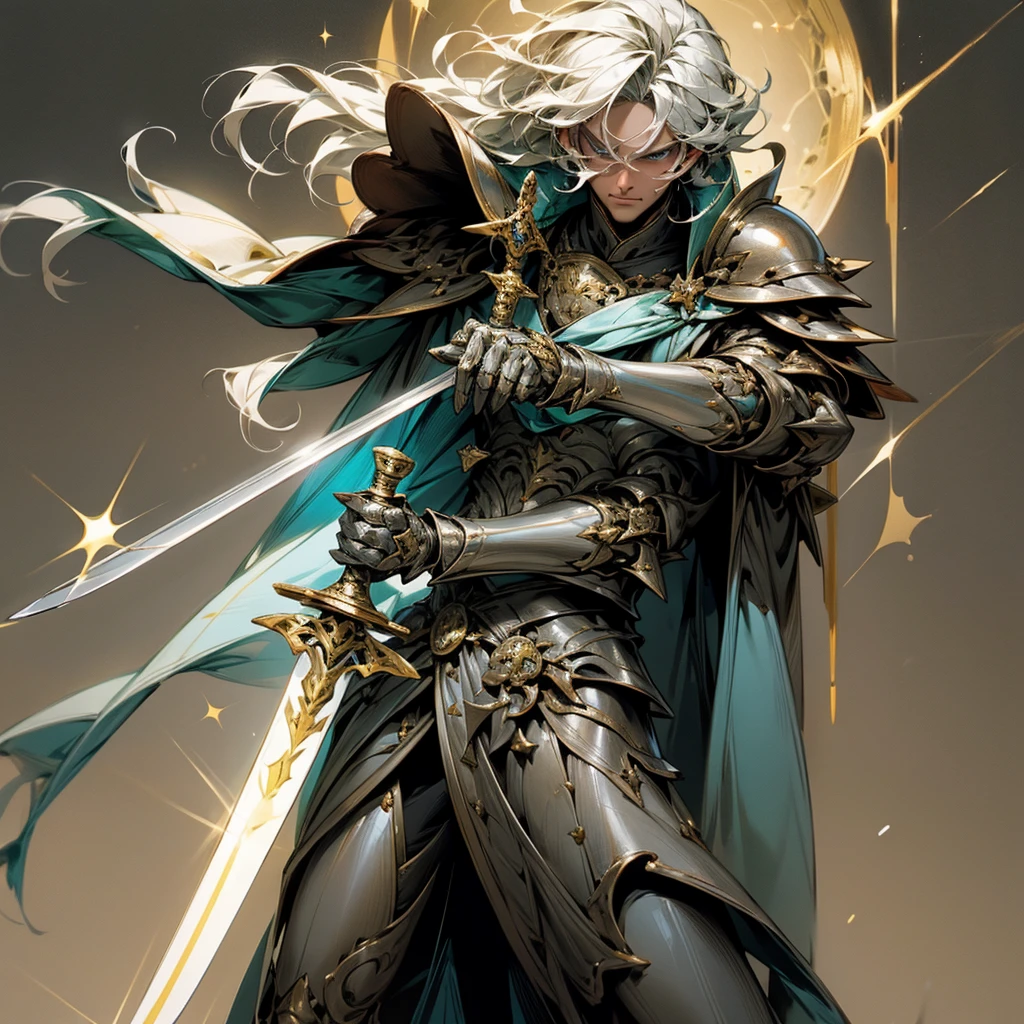 man with magical powers There is 1 right hand and 1 left hand. with his right hand holding a sword The left hand uses the power of ice magic to coat the sword. Wearing iron armor Has straight hair that sparkles with gold,8k