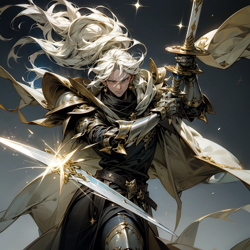 man with magical powers There is 1 right hand and 1 left hand. with his right hand holding a sword The left hand uses the power of ice magic to coat the sword. Wearing iron armor Has straight hair that sparkles with gold,8k