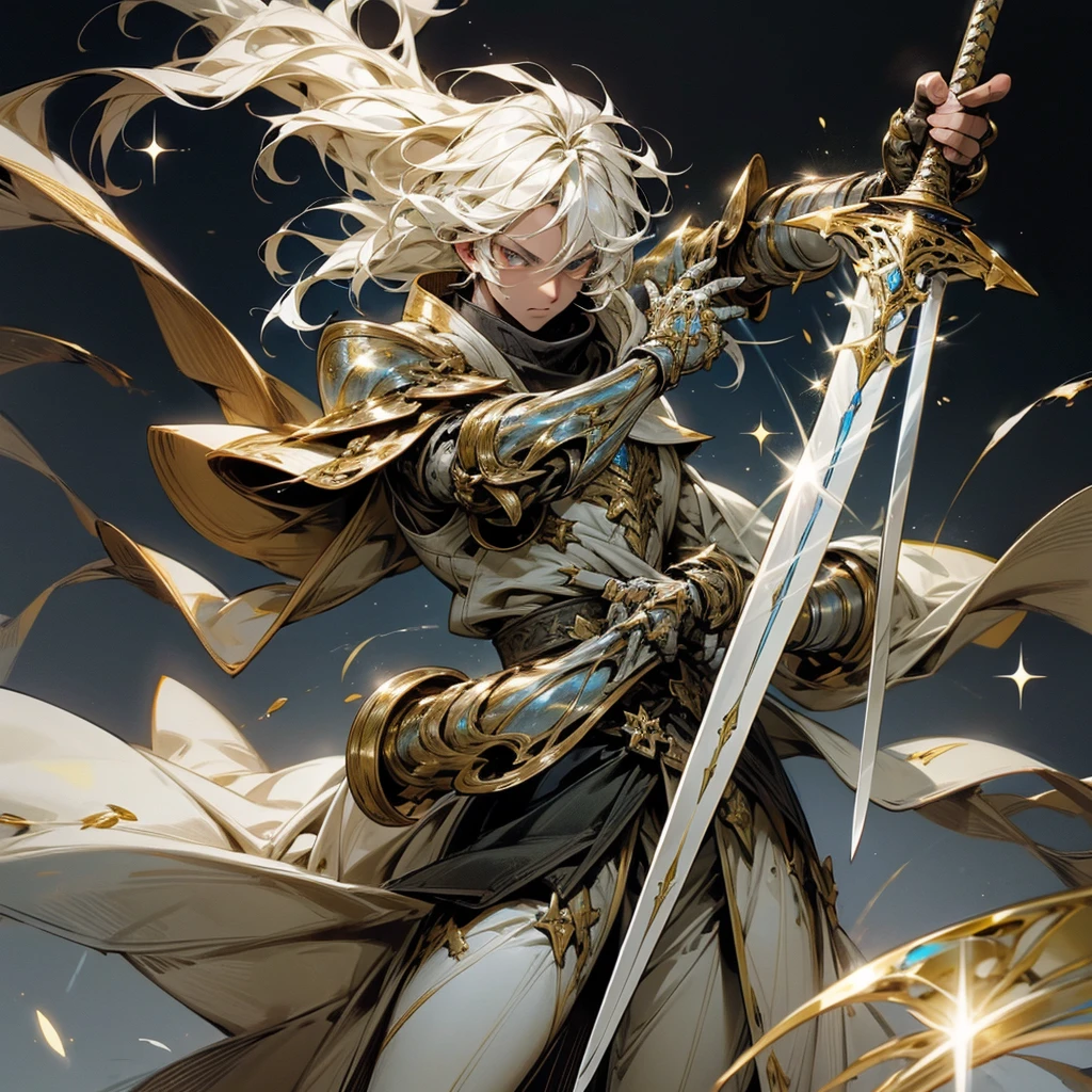 man with magical powers There is 1 right hand and 1 left hand. with his right hand holding a sword The left hand uses the power of ice magic to coat the sword. Wearing iron armor Has straight hair that sparkles with gold,8k