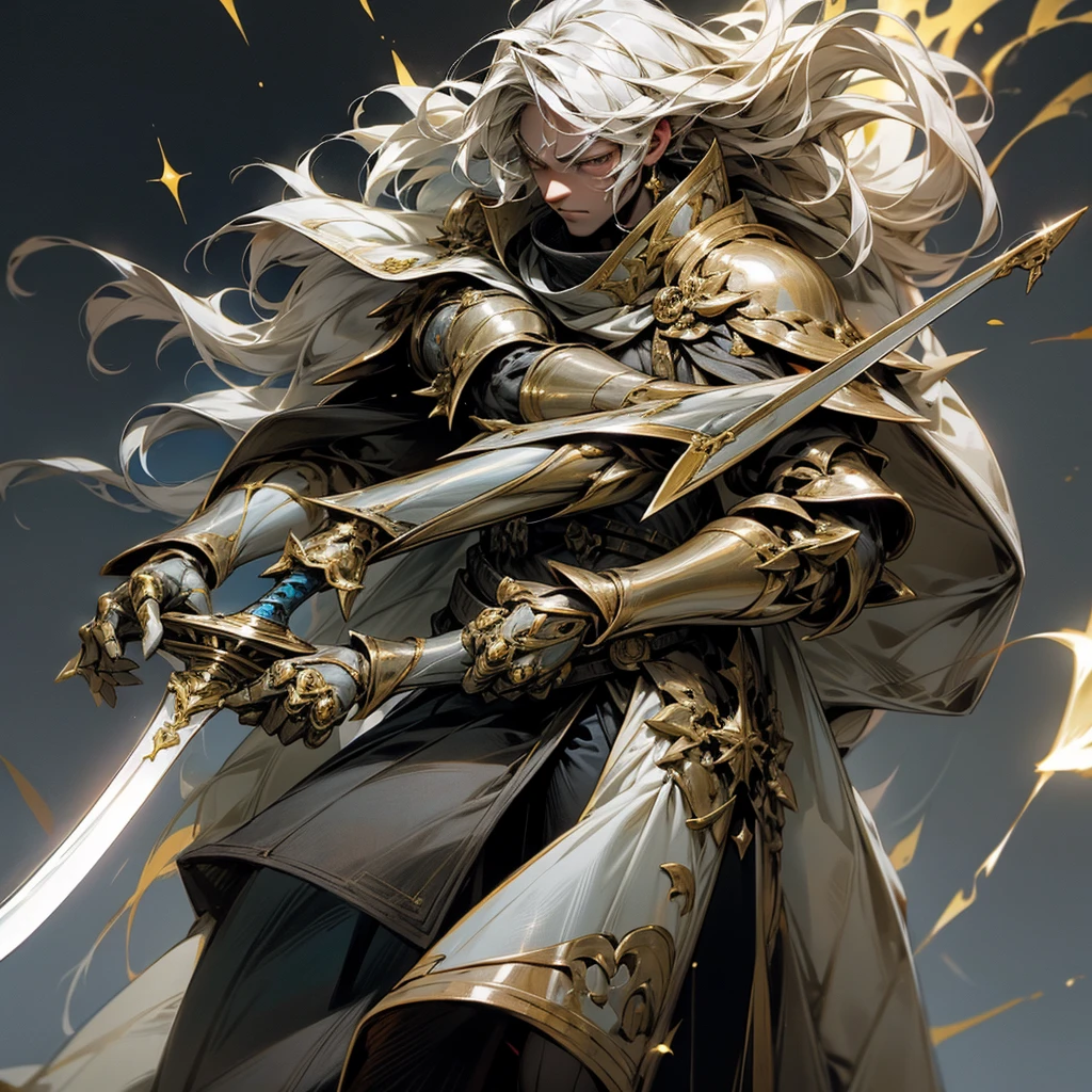 man with magical powers There is 1 right hand and 1 left hand. with his right hand holding a sword The left hand uses the power of ice magic to coat the sword. Wearing iron armor Has straight hair that sparkles with gold,8k