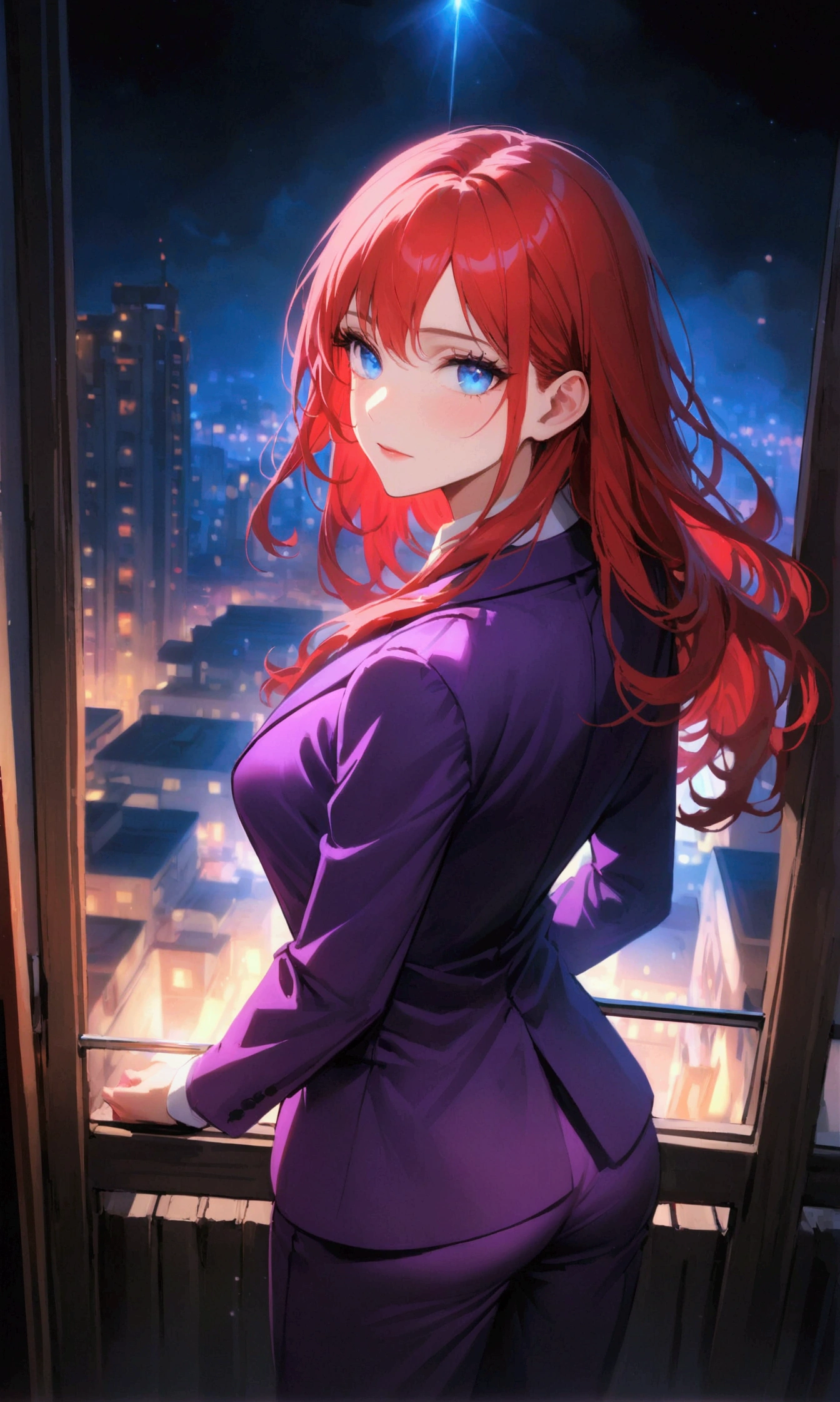 Woman with long red hair, blue eyes, purple suit turns her back on condo at night